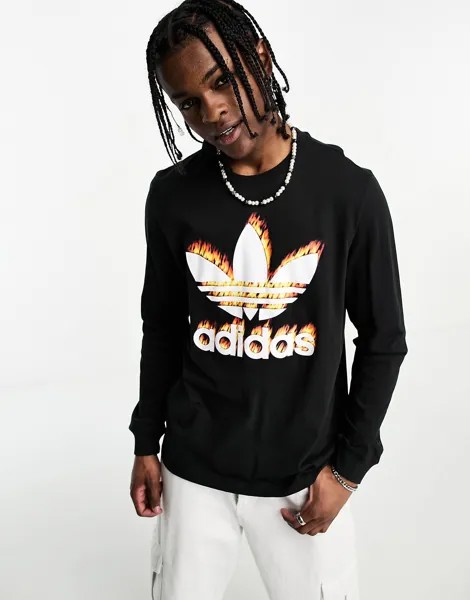 Черная футболка с длинными рукавами и крупным трилистником adidas Originals