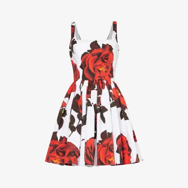Платье мини из хлопкового поплина со сборками с цветочным узором Alexander Mcqueen, белый