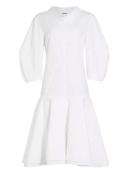 Хлопковое платье миди с объемными рукавами Jil Sander, белый