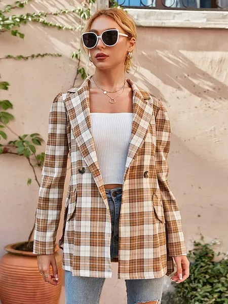 Milanoo Blazer For Women Fashion Polyester Plaid Pattern Stretch V Neck Buttons Long Sleeves Deep Ap