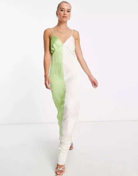 Зеленое платье-комбинация миди в стиле колор-блок Pretty Lavish Esmee