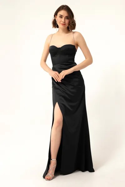 Женское длинное атласное вечернее платье с разрезом на бретельках черного цвета Lafaba, черный