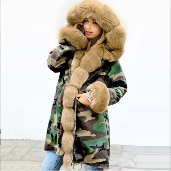 2021 роскошное длинное меховое пальто для женщин Зимняя Толстая куртка с капюшоном теплые женские камуфляжные меховые пальто