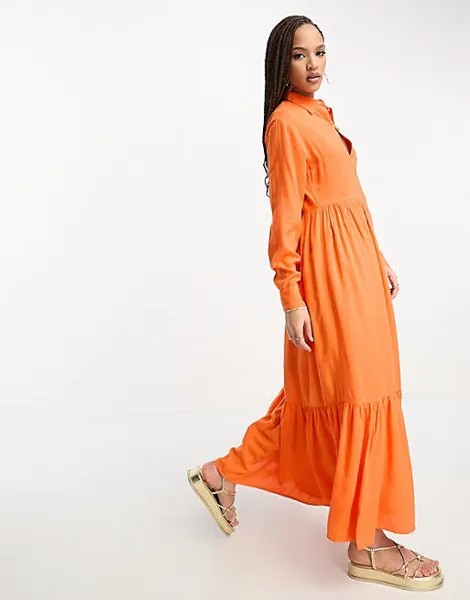 Оранжевое платье-рубашка макси из поплина Monki