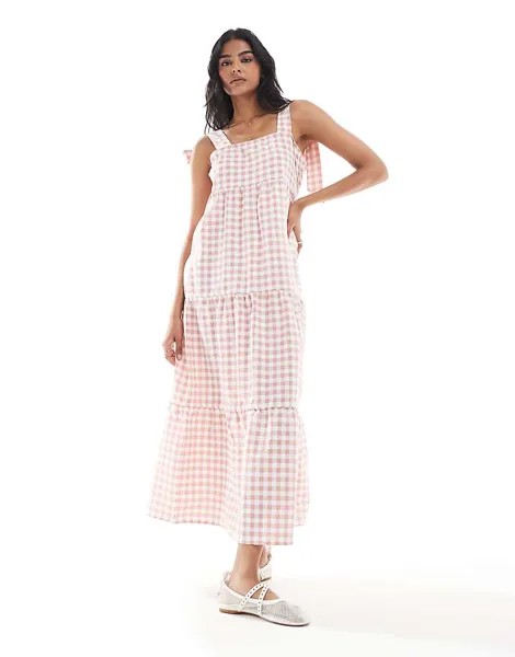 Розовое и клетчатое ярусное платье макси Miss Selfridge 2013 Vichy с завязками на плечах