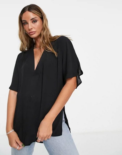 Oversized-худи черного цвета с V-образным вырезом и разрезами по нижнему краю ASOS DESIGN-Черный