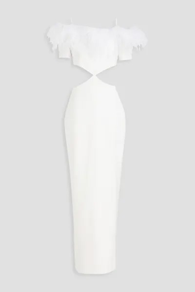 Креповое платье макси с открытыми плечами и отделкой перьями Rasario, белый