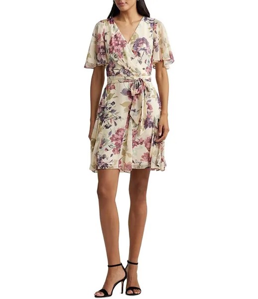 Мини-платье Lauren Ralph Lauren Crinkle Georgette с цветочным принтом и воротником с развевающимися рукавами, цветочный