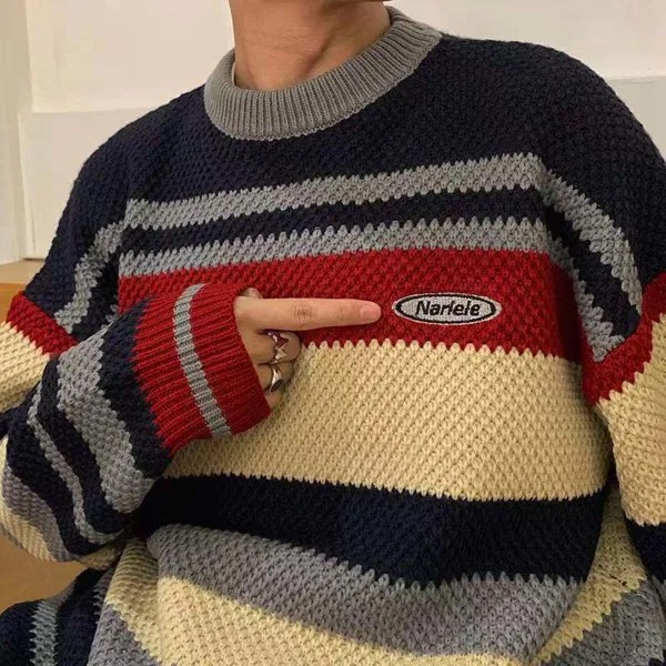 Японский свитер с круглым вырезом, подходящий цвет, мужской и корейский Свободный вязаный жакет для ленивых в стиле ретро
