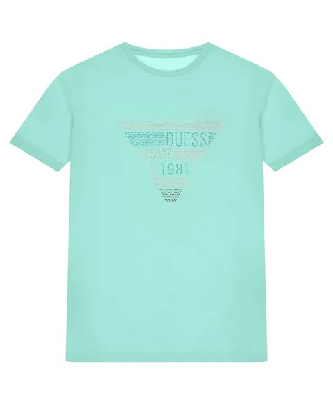 Футболка мятного цвета с лого из страз Guess детская