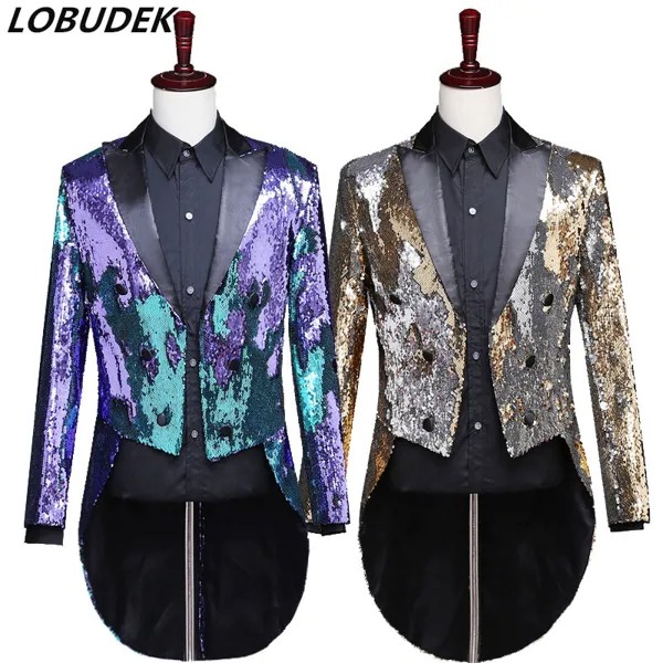 Мужской лазерный отражатель Swallowtail золотистого и фиолетового цвета, пальто для ночного клуба, модный костюм для танцев с хвостом волшебника