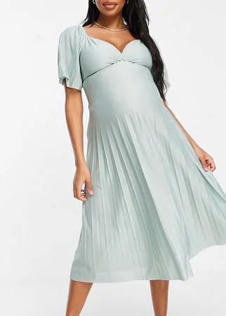 Шалфейно-зеленое плиссированное платье миди с короткими рукавами и перекрученной отделкой на спине ASOS DESIGN Maternity-Зеленый цвет