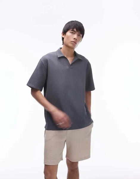 Антрацитовая плиссированная рубашка-поло с короткими рукавами Topman