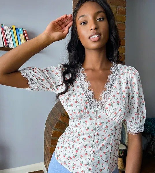 Топ с короткими рукавами и цветочным принтом Fashion Union tall-Белый