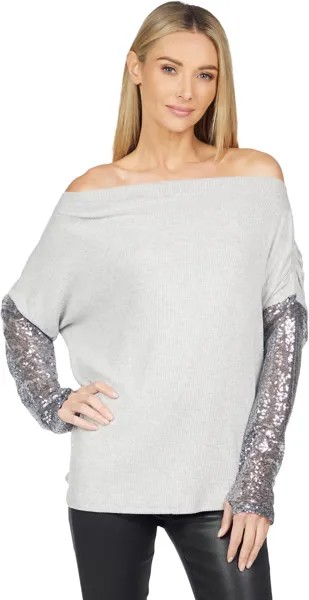 Свитер Michael Lauren Tuckerman Boatneck Sweater w/ Pleats and Contrast Sequins, серый