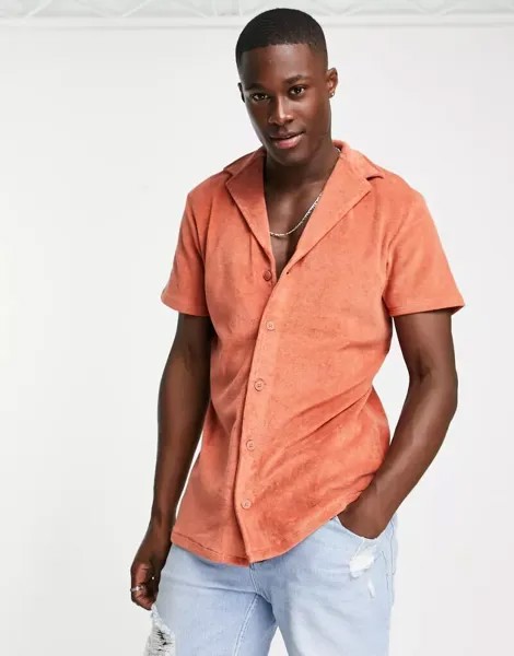 Темно-оранжевая махровая рубашка с короткими рукавами и воротником с лацканами New Look
