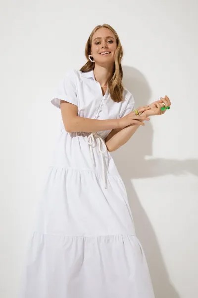 Платье макси из 100% хлопка из поплина с короткими рукавами и подкладкой из поплина с рубашечным воротником DeFacto, белый