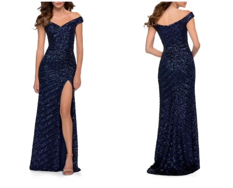 LA FEMME 29653 Темно-синее платье с открытыми плечами и высоким разрезом в полоску с пайетками и шлейфом 12