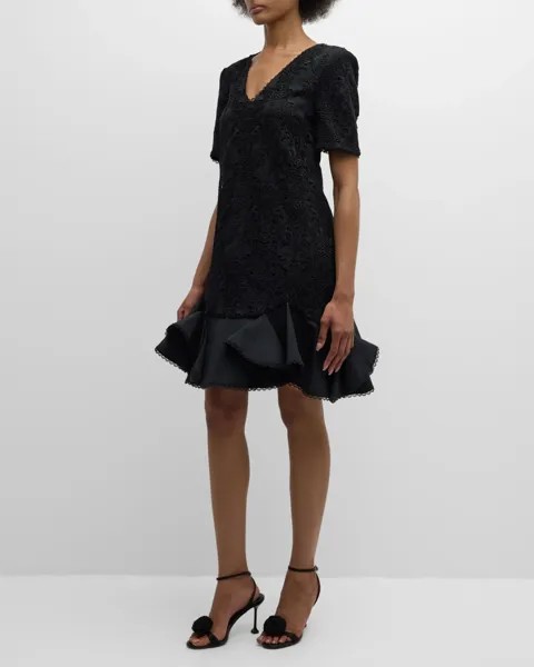 Мини-платье с цветочным кружевом и воланами Badgley Mischka Collection, цвет Black