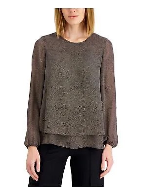 ANNE KLEIN Женская темно-синяя рубашка с круглым вырезом и длинными рукавами с принтом для работы XXS