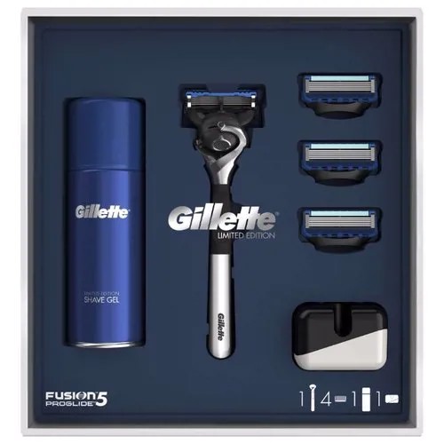 Набор Gillette подарочный: гель для бритья Fusion Ultra Sensitive 75 мл, подставка, бритвенный станок Fusion5 ProGlide Flexball (ограниченная серия с хромированной ручкой)