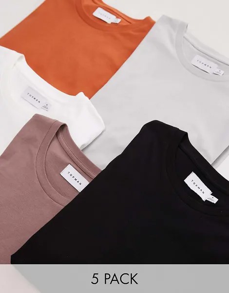Topman — набор из 5 футболок стандартного кроя черного, белого, светло-серого, ржаво-красного и темно-серого цветов