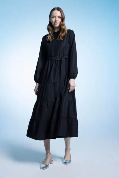 Базовое платье макси из поплина с круглым вырезом и поясом, длинными рукавами DeFacto, черный