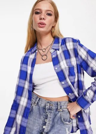 Рубашка фирменного синего цвета в клетку с длинным рукавом и карманом Wrangler-Голубой