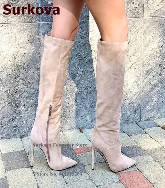 Женские облегающие сапоги Surkova, абрикосового цвета сапоги-гладиаторы на тонком высоком каблуке с острым носком, обувь для ночного клуба, размер 46