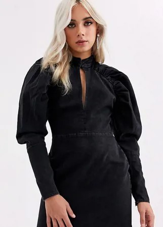 Черное джинсовое платье мини с пышными рукавами ASOS DESIGN Petite-Черный