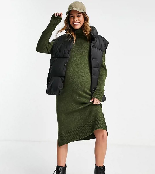 Платье-джемпер цвета хаки с отворачивающимся воротником Mamalicious Maternity-Зеленый цвет