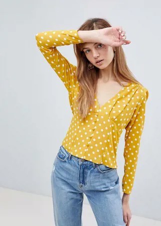 Блузка горчичного цвета в горошек с глубоким вырезом в стиле 40-х ASOS-Мульти