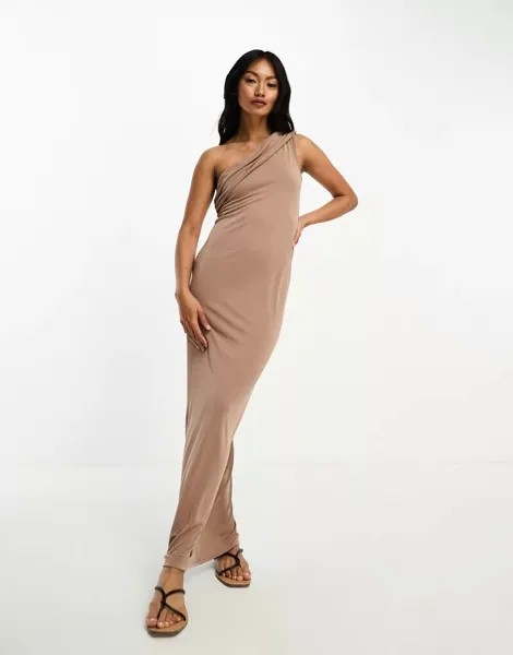 Коричневое платье макси на одно плечо с драпировкой из модала ASOS