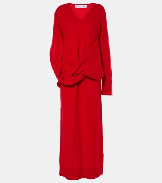 Платье асимметричного кроя из шерстяной смеси с драпировкой Jw Anderson, цвет bright red