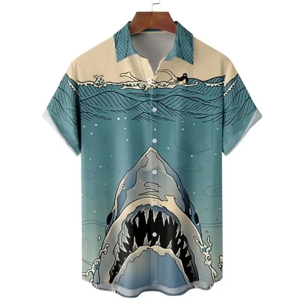 Мужская гавайская повседневная пляжная рубашка с акулой и принтом с коротким рукавом