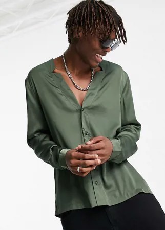 Атласная рубашка классического кроя с разрезами на горловине ASOS DESIGN-Зеленый цвет