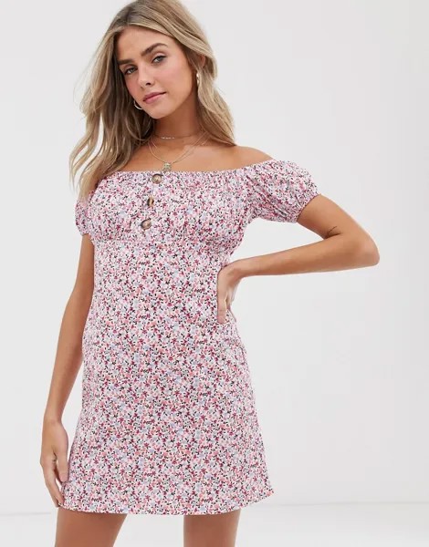 Сарафан мини с открытыми плечами и цветочным принтом ASOS DESIGN-Мульти