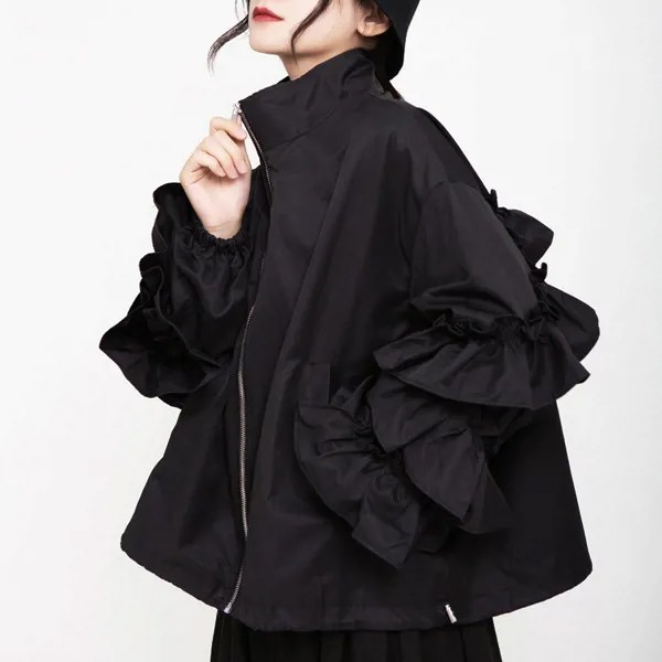 Женская куртка с оборками на рукавах, черная Повседневная Свободная ветровка в готическом стиле, теплая верхняя одежда на осень-весну