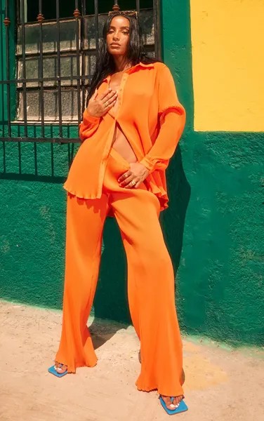 PrettyLittleThing Ярко-оранжевые широкие брюки со складками и высокой талией