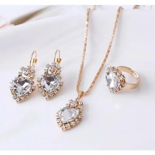 Комплект бижутерии Fashion jewelry: колье, серьги, кольцо, кристалл, размер колье/цепочки 42 см, золотой