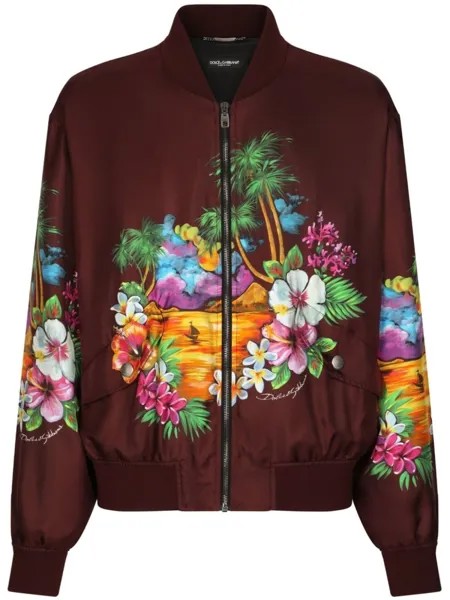 Dolce & Gabbana шелковый бомбер с принтом, красный