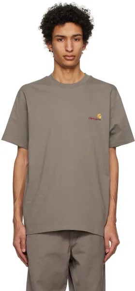 Серо-коричневая футболка с американским шрифтом Carhartt Work In Progress