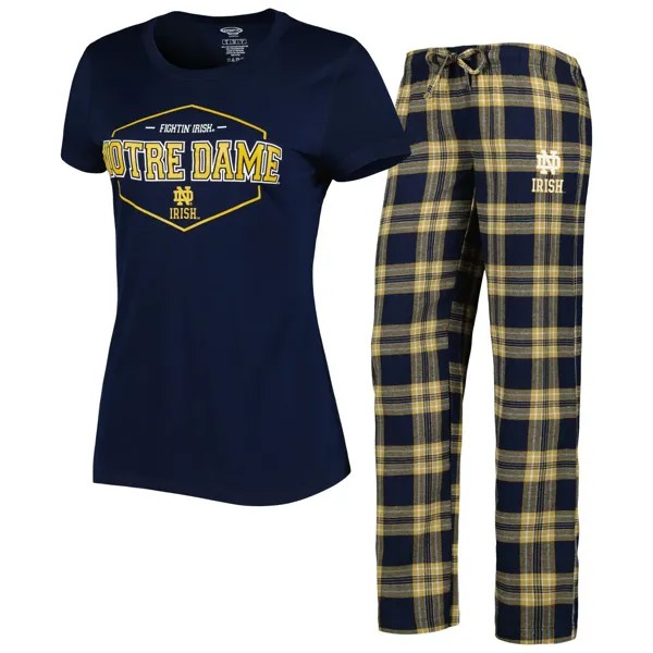 Женская спортивная футболка темно-синего/золотого цвета с изображением ирландского значка «Нотр-Дам» и фланелевые брюки, комплект для сна