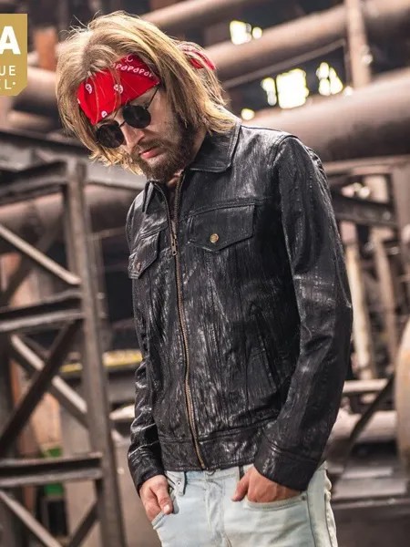 Куртка мужская из козьей кожи, короткий пиджак Slim Fit из натуральной кожи, на молнии, много карманов, с лацканами, Корейская плиссированная ве...