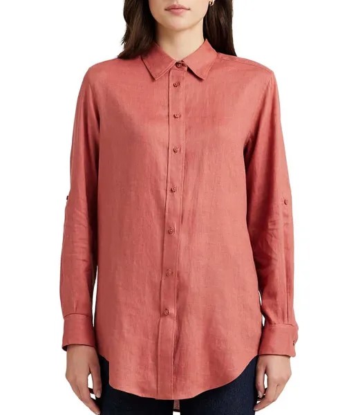 Lauren Ralph Lauren Petite Size Karrie Льняная рубашка на пуговицах с закругленными рукавами и заостренным воротником, розовый