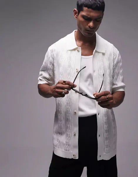 Белая фактурная трикотажная рубашка на пуговицах Topman