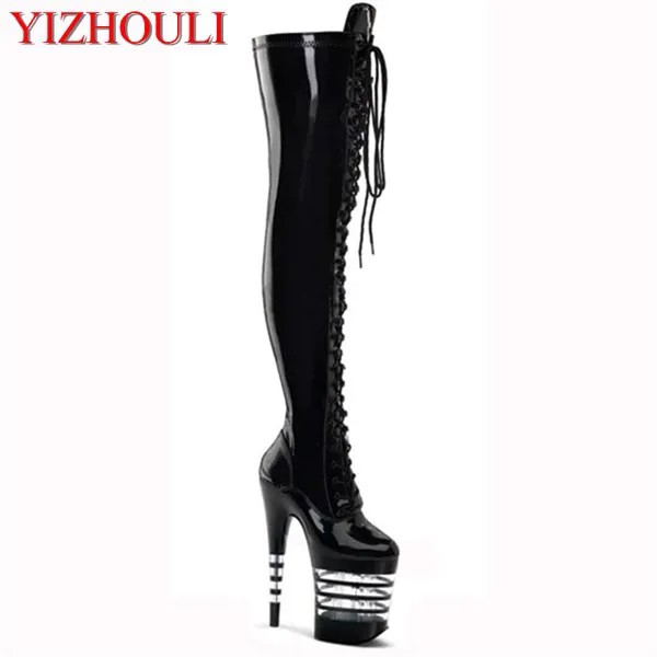 Женская обувь 17-20 см, сапоги до колена на высоком каблуке, модные сапоги на шнуровке, украшение на платформе в полоску, на высоком каблуке