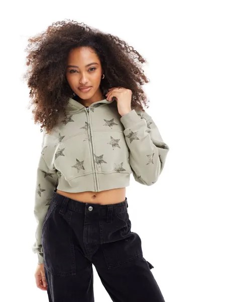 Светло-серый укороченный худи со звездами Bershka