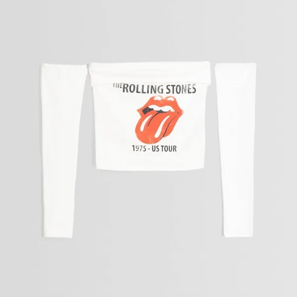 Топ Bershka The Rolling Stones Print Long Sleeve, белый