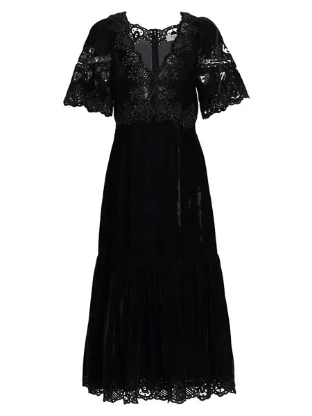 Бархатное платье миди Eliana с вышивкой Sea, черный
